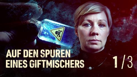 Blonde Frau schaut verängstigt in die Kamera, links eine Hand mit Giftfläschchen (Collage). 