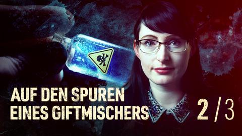 Schwarzhaarige Frau mit Brille schaut in die Kamera, links eine Hand mit Giftfläschchen (Collage). 