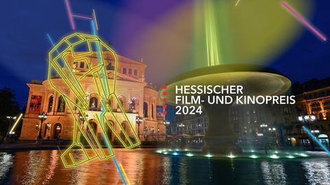 Die Alte Oper Frankfurt mit einer Grafik des Löwen-Preises für den Hessischen Film- und Kinopreis 2024 (Collage). Text: Hessischer Film- und Kinopreis 2024