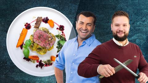 Collage: Rinderzüchter Christian Berdi und Ali Güngörmus mit dem Flat Iron Steak-Teller.