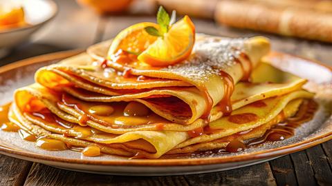 Crépes mit Orangen, garniert mit Puderzucker und Karamellsauce.