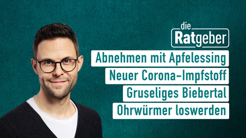 Moderator Kai Fischer sowie die Themen bei "Die Ratgeber" vom 13.08.2024: Abnehmen mit Apfelessing, Neuer Corona-Impfstoff, Gruseliges Biebertal, Ohrwürmer loswerden