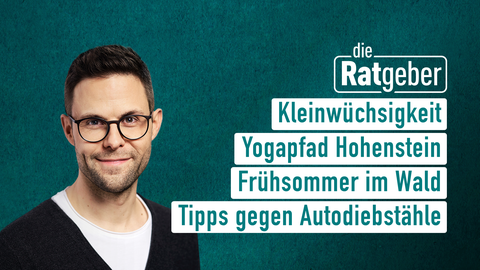 Moderator Kai Fischer sowie die Themen bei "Die Ratgeber" am 22.10.2024: Kleinwüchsigkeit, Yogapfad Hohenstein, Frühsommer im Wald, Tipps gegen Autodiebstähle