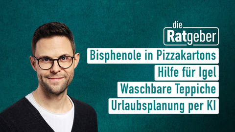 Moderator Kai Fischer sowie die Themen bei "Die Ratgeber" vom 30.01.2025: Bisphenole in Pizzakartons, Hilfe für Igel, Waschbare Teppiche, Urlaubsplanung per KI