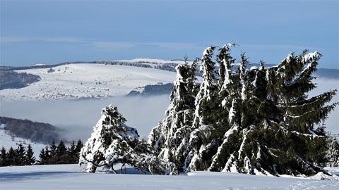 Blick vom Kreuzberg auf die Wasserkuppe - alles mit Schnee bedeckt.