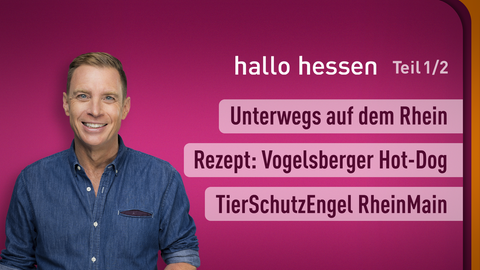 Moderator Jens Kölker sowie die Themen von "hallo hessen" am 05.07.2024: Unterwegs auf dem Rhein, Rezept: Vogelsberger Hot-Dog, TierSchutzEngel RheinMain e.V.