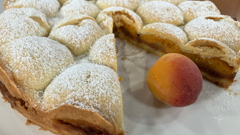 Angeschnittener Aprikosenkuchen mit Amarettini-Crunch mit einem Stück Aprikose daneben.