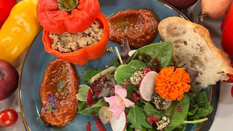 Gefüllte Paprika mit Hackfleisch und Tomatensoße und Wildkräutersalat mit Apfel-Himbeer-Dressing