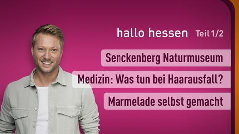 Moderator Jens Pflüger sowie die Themen bei "hallo hessen" am 14.08.2024: Ferientipp: Senckenberg Naturmuseum, Medizin: Was tun bei Haarausfall?, Marmelade selbst gemacht.