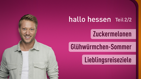 Moderator Jens Pflüger sowie die Themen bei "hallo hessen" am 09.07.2024: Zuckermelonen, Glühwürmchen-Sommer, Lieblingsreiseziele 