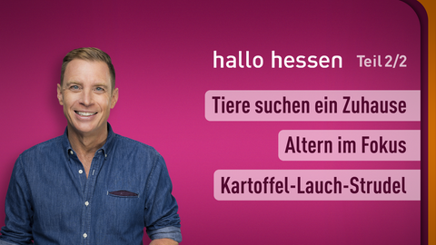 Moderator Jens Kölker sowie die Themen bei "hallo hessen" am 26.08.2024: Tiere suchen ein Zuhause, Altern im Fokus, Kartoffel-Lauch-Strudel