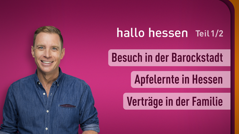 Moderator Jens Kölker sowie die Themen bei "hallo hessen" am 27.08.2024: Besuch in der Barockstadt, Apfelernte in Hessen, Verträge in der Familie