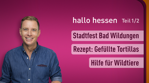 Moderator Jens Kölker sowie die Themen bei "hallo hessen" am 30.08.2024: Stadtfest Bad Wildungen, Rezept: Gefüllte Tortillas, Hilfe für Wildtiere