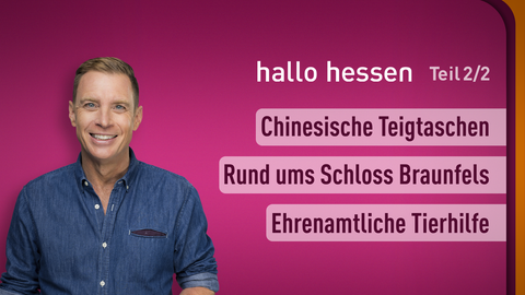 Moderator Jens Kölker sowie die Themen bei "hallo hessen" am 30.08.2024: Chinesische Teigtaschen, Rund ums Schloss Braunfels, Ehrenamtliche Tierhilfe 