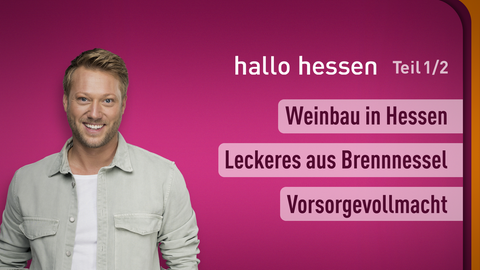 Moderator Jens Pflüger sowie die Themen bei "hallo hessen" am 03.09.2024: Weinbau in Hessen, Leckeres aus Brennessel, Vorsorgevollmacht