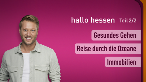 Moderator Jens Pflüger sowie die Themen bei "hallo hessen" am 04.09.2024: Gesundes Gehen, Reise durch die Ozeane, Immobilien