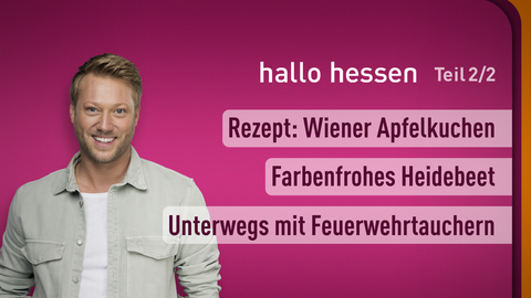 Moderator Jens Pflüger sowie die Themen bei "hallo hessen" am 05.09.2024: Rezept: Wiener Apfelkuchen, Farbenfrohes Heidebeet, Unterwegs mit Feuerwehrtauchern