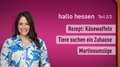 Moderatorin Leonie Koch sowie die Themen bei "hallo hessen" am11.11.2024: Rezept: Käsewaffeln, Tiere suchen ein Zuhause, Martinsumzüge