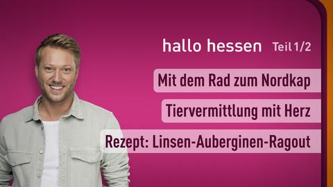 Moderator Jens Pflüger sowie die Themen bei "hallo hessen" Teil 1 vom 28.10.2024: Mit dem Rad zum Nordkap, Tiervermittlung mit Herz, Rezept: Linsen-Auberginen-Ragout.