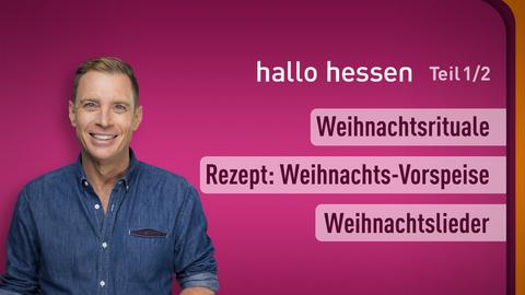 Moderator Jens Kölker sowie die Themen bei "hallo hessen" - Teil 1 vom 23.12.2024: Weihnachtsrituale, Rezept: Weihnachts-Vorspeise, Weihnachtslieder. 