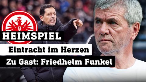 Collage: Eintracht-Trainer Dino Toppmöller dirigiert die Mannschaft im Hintergrund. Vorne der langjährige Eintracht-Trainer und Gast des Heimspiels Friedhelm Funkel.