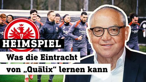 Profis von Eintracht Frankfurt laufen sich im Training warm, rechts Ex-Trainer Felix Magath (Collage). Text: Was die Eintracht von "Quälix" lernen kann