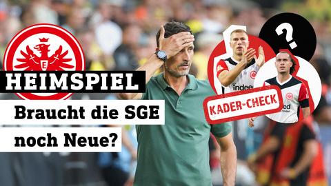 Toppmöller hält sich am Spielfeldrand die Hand an die Stirn. Darüber schweben in zwei Kreisen die Spieler Rasmus Kristensen und Arthur Theate. Eine Briefmarke: "Kadercheck"Logo: Heimspiel / Text: Braucht die SGE noch neue Spieler?