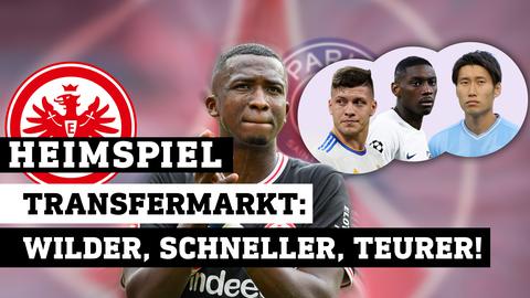 Portrait von on Pacho groß. Ausgeschnitten und eingeklinkt rechts oben nebeneinander Jovic, Kolo Muani und Kamada. Logo: Heimspiel / Text: Transfermarkt - Wilder, schneller, teurer!