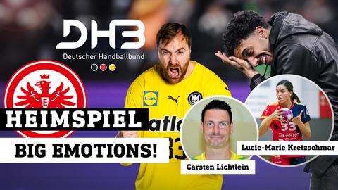 Andreas Wolff und Omar Marmoush freuen sich neben Lucie-Marie Kretzschmar und Carsten Lichtlein (jeweils klein in einem Keis abgebildet). Logos von Eintracht Frankfurt und dem Deutschen Handballbund. (Collage)