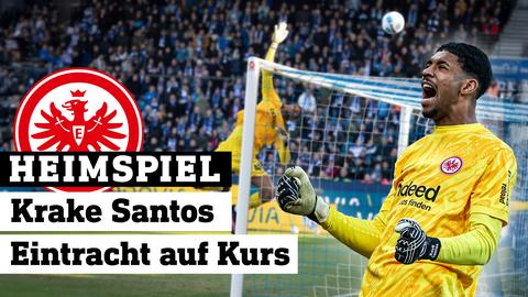 Collage aus Eintracht-Keeper Kaua Santos bei einer seiner Paraden im Spiel gegen Bochum, rechts ein jubelnder Kaua Santos.