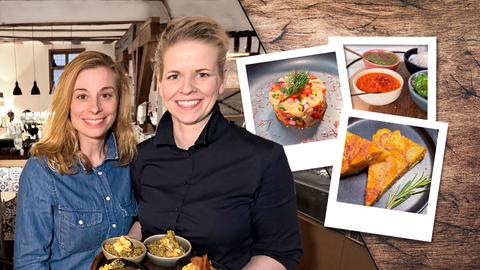 Sibylle und Sina Engelke betreiben das Restaurant Stella in Fulda. Im Hintergrund Bilder von Papas Arrugadas mit Mojos und Pimientos, Ceviche und Spanischer Tortilla