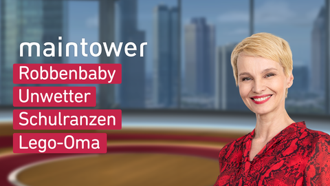 Moderatorin Susan Atwell sowie die Themen bei "maintower weekend" vom 10.08.2024: Robbenbaby, Unwetter, Schulranzen, Lego-Oma