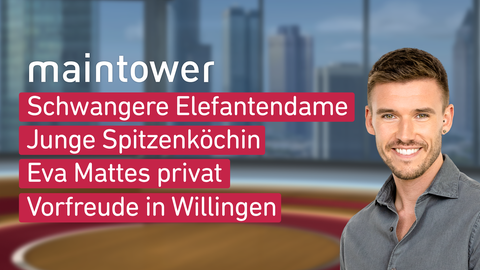 Moderator Marvin Fischer sowie die Themen bei "maintower" vom 30.01.2025: Schwangere Elefantendame, Junge Spitzenköchin, Eva Mattes privat, Vorfreude in Willingen