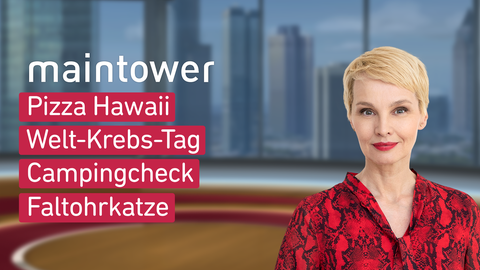 Moderatorin Susann Atwell sowie die Themen bei "maintower" vom 04.02.2025: Pizza Hawaii, Welt-Krebs-Tag, Campingcheck, Faltohrkatze