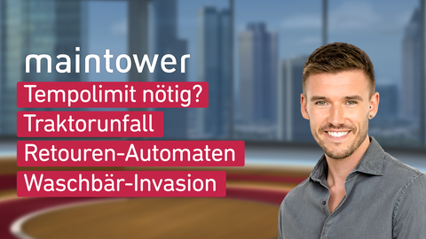 Moderator Marvin Fischer sowie die Themen bei "maintower" am 14.08.2024: Tempolimit nötig?, Traktorunfall, Retouren-Automaten, Waschbär-Invasion