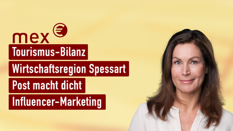 Moderatorin Claudia Schick sowie die Themen bei "mex" am 14.08.2024: Tourismus-Bilanz, Wirtschaftsregion Spessart, Post macht dicht, Influencer-Marketing