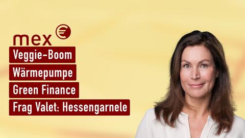 Moderatorin Claudia Schick sowie die Themen bei "mex" am 09.10.2024: Veggie-Boom, Wärmepumpe, Green Finance, Frag Valet: Hessengarnele