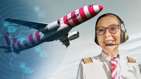 Flugkapitänin mit Brille lächelt in die Kamera, im Hintergrund der pinke Airbus A320 von Condor (Collage).