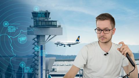 Fluglotse Florian Frommholz bei der Arbeit, links ein Lufthansa Airbus im Anflug auf die Landebahn Nord-West (Collage). 