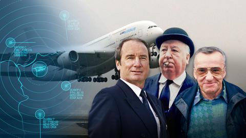 Im Hintergrund Firmenfoto des Airbus A380 von 2007, im Vordergrund Jürgen Raps, Alfred Hitchcock und Heinz Schenk.