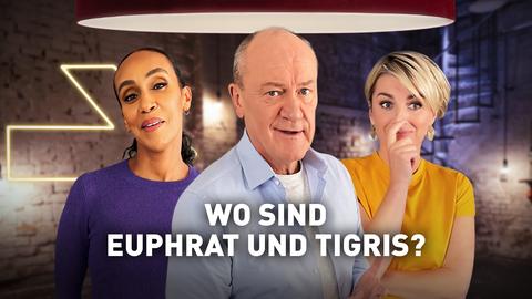 Das Rateteam bestehend aus Hadnet Tesfai, Bodo Bach und Sabine Henrich, dazu die Frage: Wo sind Euphrat und Tigris? (Collage).