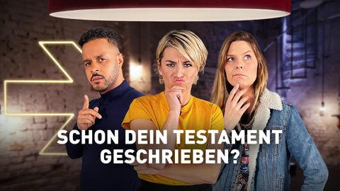 Cossu, Sabine Heinrich und Eva Briegel um neuen strassenstars-Studio. Text: Schon dein Testament geschrieben?