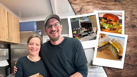 Peggy und Mathias in ihrem Food-Truck, daneben drei Polaroids mit Burgern (Collage).
