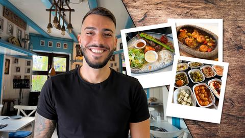 Tayfun Zorlusoy vor seinem ägäischen Tapas-Restaurant "Duble Meze" im Frankfurter Nordend. Daneben sind Polaroids mit entsprechenden Speisen zu sehen (Collage).