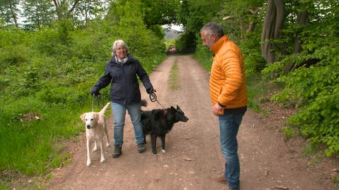 Coach Andreas Ohligschläger (r) zusammen mit Hundehalterin Kerstin und ihren beiden Hunden Maya und Otto (cremefarbener Labrador).