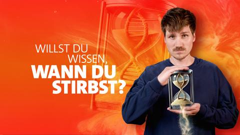 Frank Seibert mit Sanduhr in der Hand. Text: Willst du wissen, wann du stirbst?