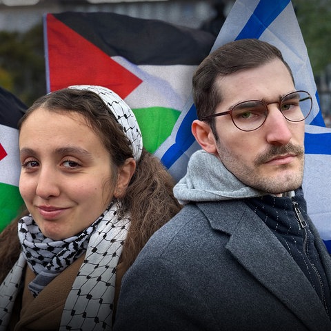 Collage mit palästinischer und israelischer Flagge im Hintergrund, im Vordergrund rechts ein Mann, links eine Frau.