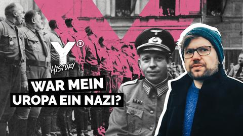 Collage mit einem Bild von Reporter Adrian Oeser, Bild von seinem Uropa und schwarz-weiß Bild von Soldaten. Text: Y-History - War mein Uropa ein Nazi?